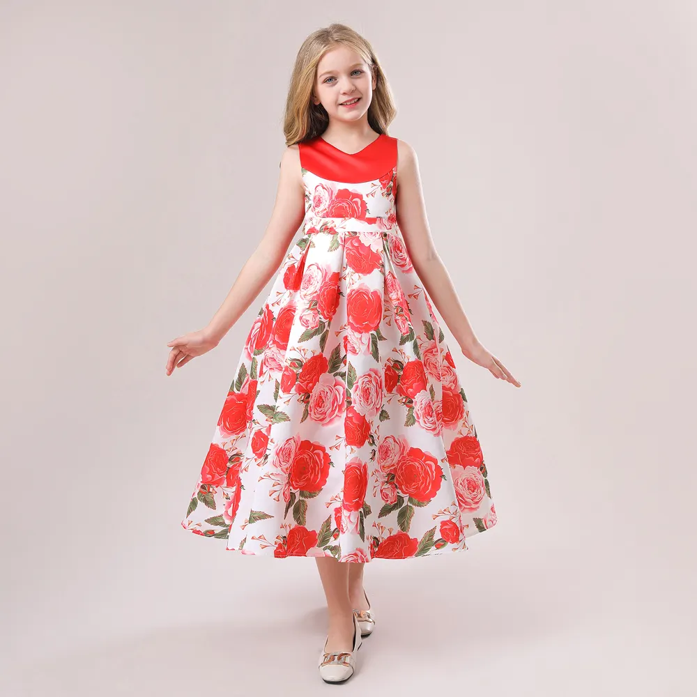 Latest Children Dress Style Kids Birthday Party Wear Girls Satin Full Length Printed Flower Dress