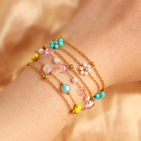 Pulseras de Cadena y Eslabones de Acero Inoxidable con Perlas Florales y Piedras Preciosas Naturales para Uso Diario Informal Estilo Boho