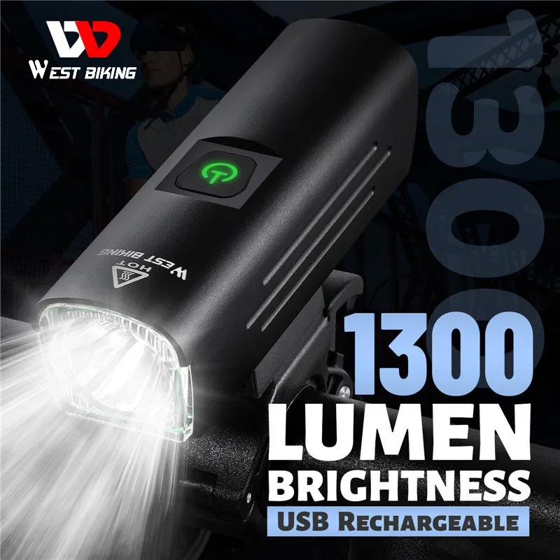 WEST BIKING 2021New Level Bicycle Light 1300 Lumen USB Rechargeable Flashlight MTB Road Bike LED Headlight Waterproof Rear Light