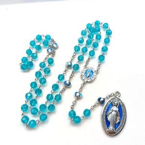 Rosario de la Virgen María Azul, Plata, Cuentas de Cristal de 8mm, Collar de Protección, Centro Milagroso, Rosarios Católicos - Product Image 1