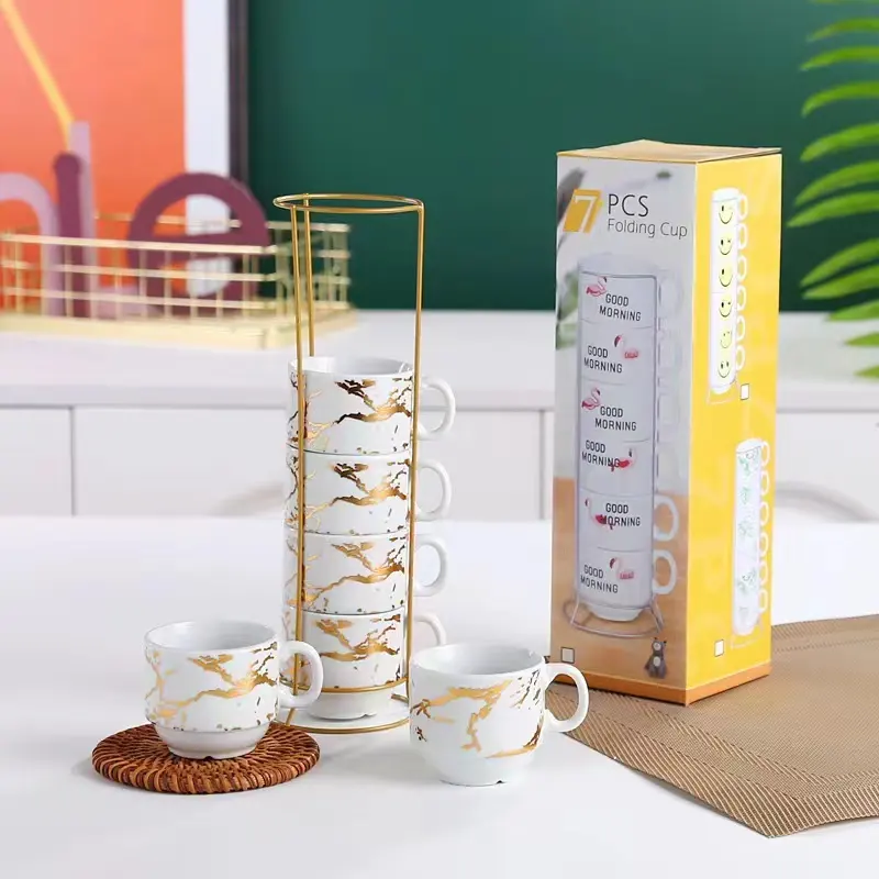 Wholesale New High Quality Ceramic Coffee Mug Six Mug Sets Middle Eastern Style Tea Cups With Iron Stand