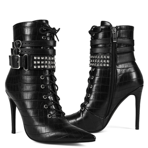 Women Stiletto Thin Heels Short Boots Big Size 47 Front Lace up Rivets Shoes Dress Wide Fit Belt Buckles Ankle <b>Booties</b> - Product Image 5