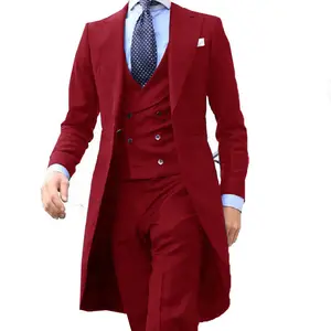 Homens vermelhos chineses, casaco longo com desenho de casaco, smoking suave, blazer de baile, fantasia 3 peças (jaqueta + colete + calça)