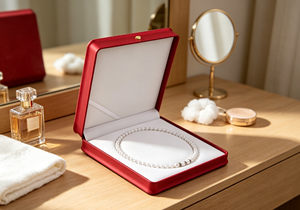 Grande boîte à collier de perles écologique haut de gamme avec fermeture magnétique, cadre en carton rigide enveloppé de cuir PU rouge mat - Product Image 5