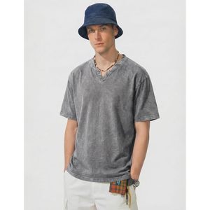 T-shirt homme FOXA surdimensionné à col en V, 100 % coton, manches courtes, effet délavé vintage, épaules tombantes - Product Image 2