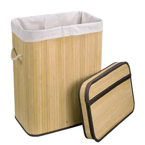 Cesta de almacenamiento de ropa sucia de bambú impermeable para baño, cesta de lavandería grande plegable con tapa