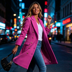 Manteau long en laine mélangée rose pour femme, à double boutonnage, couleur unie, teint uni, chaud, pour l'automne et l'hiver - Product Image 5