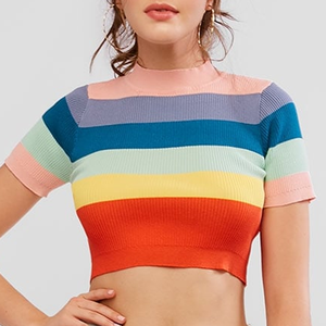 Hot Selling Custom Top Quality Cotton Short Sleeve Fitted <strong>Rainbow</strong> Stripes Crop Top <strong>T</strong> <strong>Shirts</strong> Women - Product Image 6