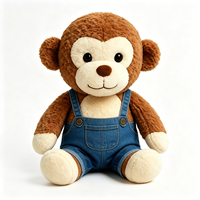 Jouet singe en peluche super doux et bouclé avec salopette en jean bleu, poupée singe en peluche moelleuse, cadeau compagnon, jouet singe en peluche