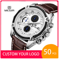Personnalisez votre propre logo MEGIR 2015 2015G Montre chronographe analogique avec calendrier, montre sport à bracelet en cuir, montre à quartz pour homme Reloj