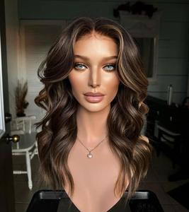 Perruque Lace Front Wig avec doublure en soie pour femmes, cheveux européens de luxe, nœud unique, brun neutre avec caramel subtil - Product Image 1