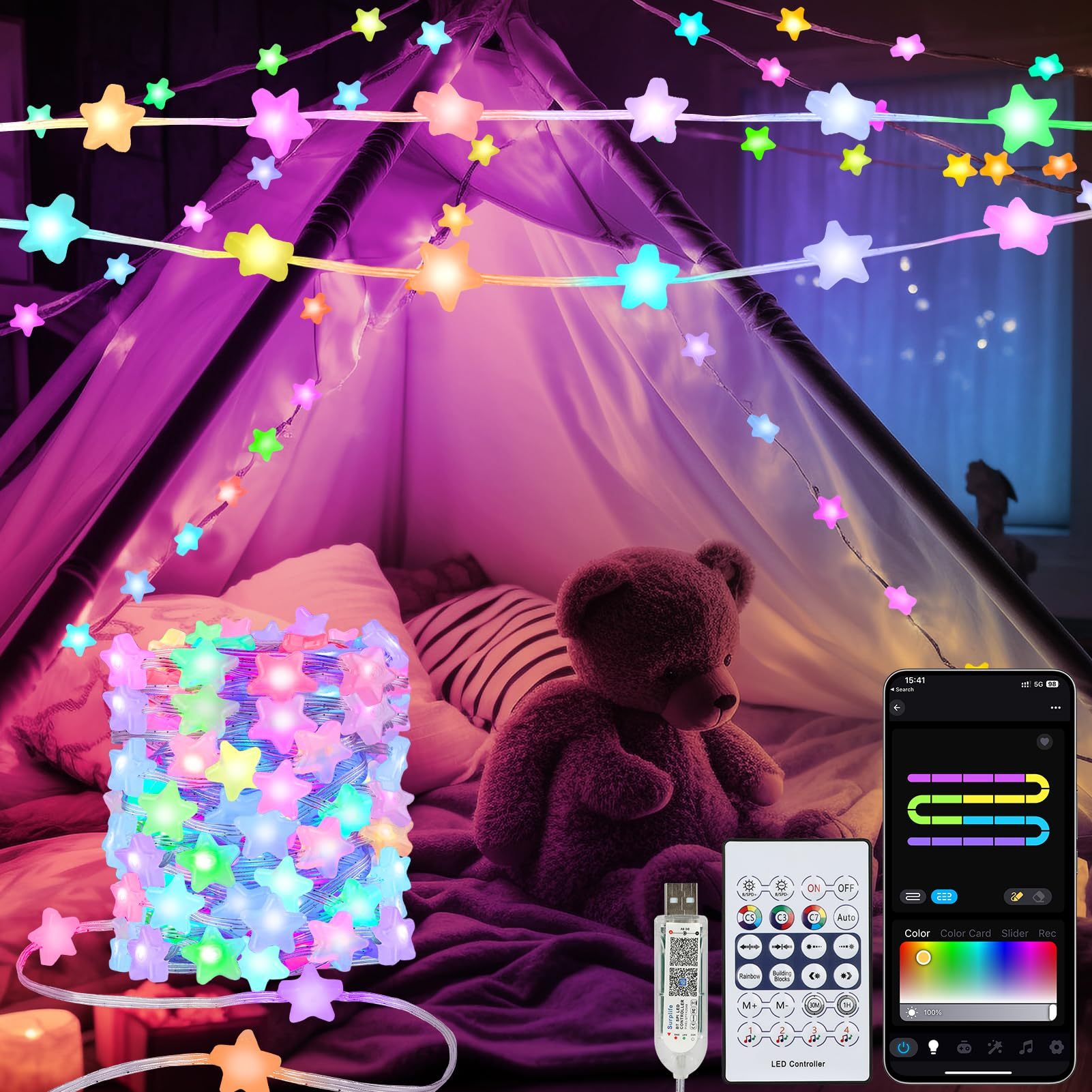 RGB Smart Star Lights, APP Remote Music Sync Plug-in Fairy Lights for Christmas Bedroom Decoration