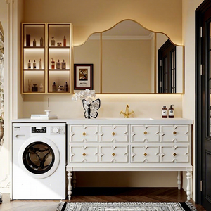 Mueble de Baño Integrado de Estilo Francés de Alta Gama, Retro, para Balcón, de Roble y Piedra Sinterizada, con Lavadora Integrada, Combinación de <span class=keywords><strong>Inodoro</strong></span> y Encimera de Piedra - Product Image 1