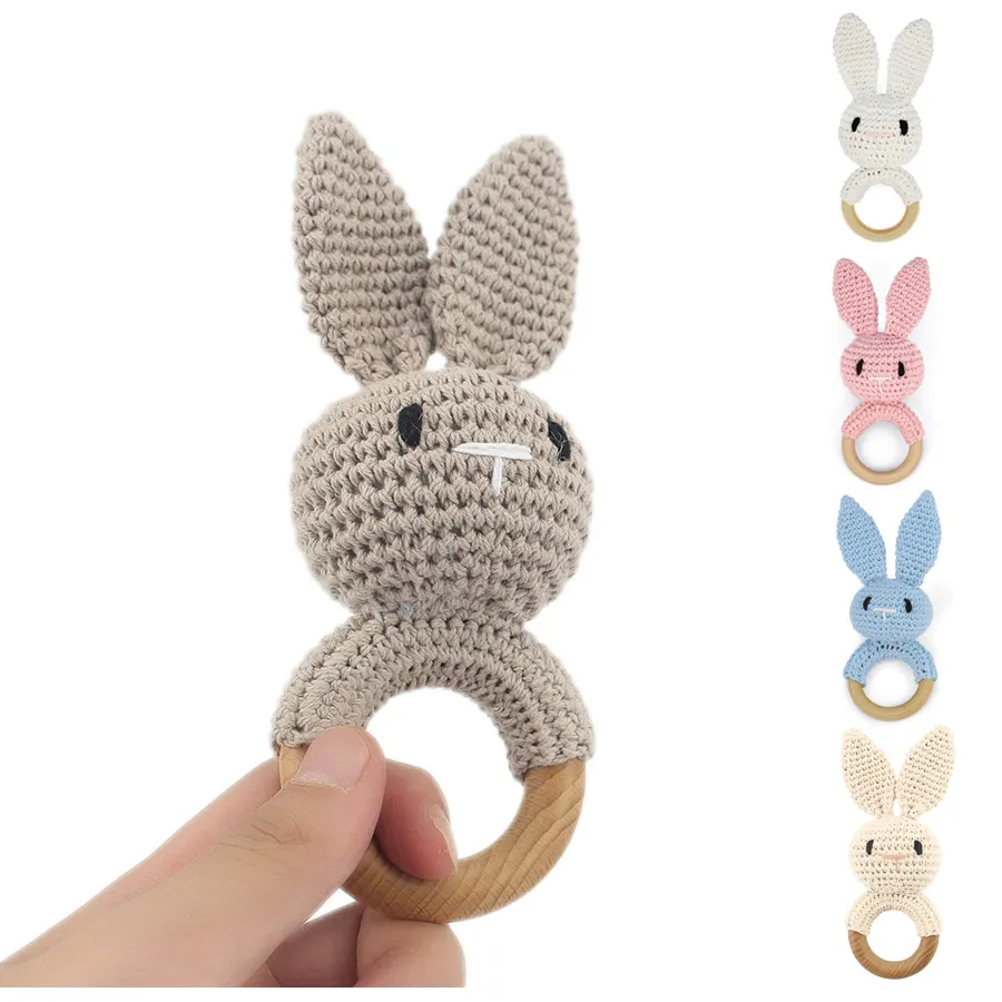 Hand-Knitted Wooden Baby Rattle Lovely Crochet Bunny Ring Rattle Baby Toys