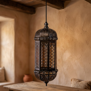 Lanterne marocaine suspendue en métal cylindrique perforé marron pour la décoration de la maison et des hôtels - Product Image 1