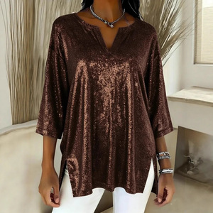 Camiseta Brillante con Cuello en V para Mujer, Camiseta Metálica Brillante para Fiesta, Lista para Enviar - Product Image 3