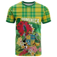 Individuell bedrucktes T-Shirt mit Dominica-Flagge und Karte, kariertes Sisserou-Papageien-Nationalwappen-Design, Herren-Kurzarm-T-Shirt