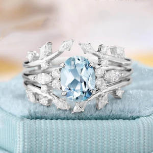 アンティークヴィンテージリーフクラスターエンハンサーリングオーバルローズアクアマリンエンゲージリングセットS925ゴールドマーチ誕生石リング - Product Image 2
