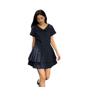 Korean Style Peter Pan Collar Navy Blue Shirt Dress Fitted Waist Slimming Summer Short Sleeve Women's Dress - Product Image 4