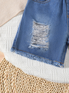 All'ingrosso 1-7 anni <span class=keywords><strong>blu</strong></span> Denim mezza vita <span class=keywords><strong>Shorts</strong></span> da ragazza alla moda per bambini pantaloncini in tessuto a maglia traspirante - Product Image 4