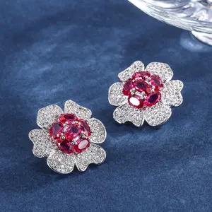 New Luxury Real Gold Plating Statement Jewelry Extra Large Rhinestone Zircon Ruby Big Flower Stud Earrings for Women