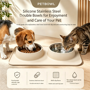 Gamelle double en acier inoxydable pour animaux domestiques, en silicone <span class=keywords><strong>de</strong></span> qualité alimentaire avec tapis <span class=keywords><strong>de</strong></span> repas et protection du cou, adaptée aux chats et aux <span class=keywords><strong>chiens</strong></span> - Product Image 2