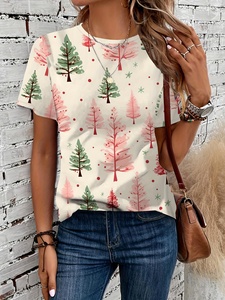 Christmas Truck and Tree Printed Short Sleeve Crewneck T-Shirt Knit Pattern Women's Casual Soft <strong>Festive</strong> Fashion Daily <strong>Top</strong> - Product Image 3