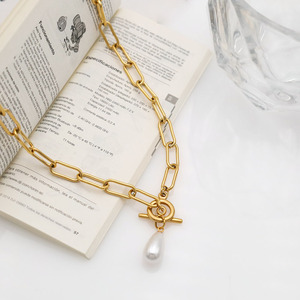 Geometric Pearl Pendant Necklace Gold Chain <b>T</b> <b>Bar</b> Clasp For Women Party Jewelry - Product Image 2
