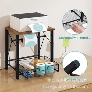 Cross-border office <b>desktop</b> printer double-layer <b>shelf</b> wrought iron and wooden floor-standing express label printer stand - Product Image 3