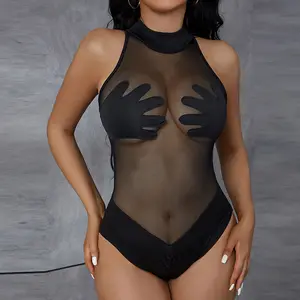 Mesh Patchwork See Through Bodysuits Women Sexy O-neck Sleeveless Cleavage Body-Shaping One Piece Outfit Clubwear Overall