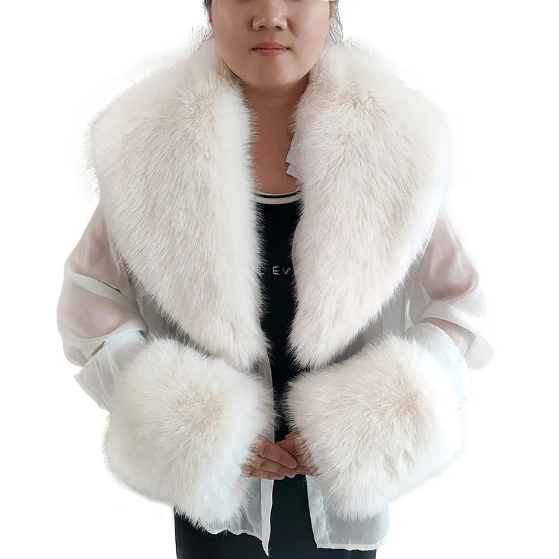 Women Men Coat Jacket Hood Fur Collar And Cuff Set Luxury Winter Neck Warmer White Color Faux Fur Shawls Wraps Girls