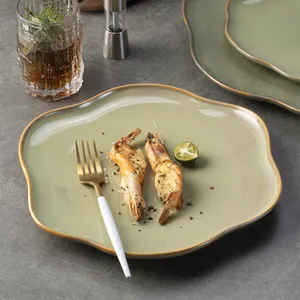 YAYU High Temperature Modern Luxuriant Ceramic Green Glaze Irregular Flower Dining Dish Plate Dinner Set For Restaurant