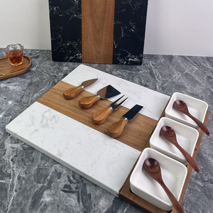 Nouvelle planche à découper rectangulaire jetable en marbre et <span class=keywords><strong>bois</strong></span> avec 3 bols en céramique - Ustensiles de cuisine - Product Image 2
