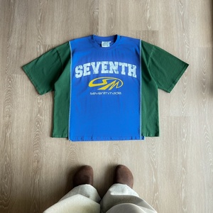 T-shirt en coton 100% tricoté, coupe personnalisée, épaules tombantes, patchwork, panneau asymétrique, effet vieilli, délavé à l'acide, style streetwear - Product Image 3