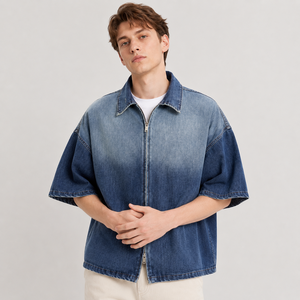 Camisa Casual Bordada con Cierre y Cuello en V de Mezclilla Floral Personalizada MENGTU, Estilo Coreano, Formal, de Manga Corta, Holgada y Transpirable para <span class=keywords><strong>Hombre</strong></span> - Product Image 3