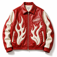 Blouson Bomber de Course Personnalisé pour Homme, Rouge Crème, Applique Flamme, Fabricant OEM Marque Privée, Fermeture Éclair en Cuir, Style Moto, Blouson de Course