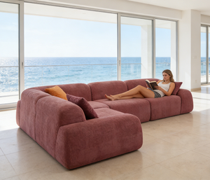 Canapé modulaire incurvé, <span class=keywords><strong>convertible</strong></span>, rembourré, en velours rose poussiéreux, en forme de L, moderne, avec coussins doux, couleur contrastée - Product Image 3