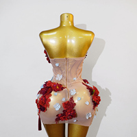 Robe Mini Florale 3D Rouge et Violette Personnalisée, Dos Lacé, en Maille Transparente, Faite à la Main, pour Spectacles Orientaux, Scène et Cabaret