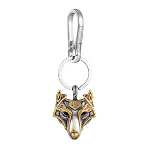 Fenrir Wolf Head <b>Keychain</b> Stainless Steel Celtic Pattern Metal Spring Buckle Leather Strap Double Pendant - Product Image 5