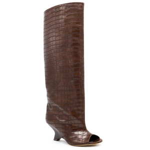 Élégantes <span class=keywords><strong>bottes</strong></span> hautes décontractées pour femme en daim <span class=keywords><strong>beige</strong></span>, à bout ouvert et talon compensé courbé, pour le shopping et les activités de plein air - Product Image 4