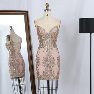 Sexy fitted rose gold glitter embroidered short prom dress with V neck lace up back