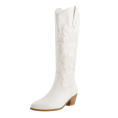 2021 эластичная женская кожаная обувь, размер 14, зимние белые ковбойские ботинки с круглым носком и вышивкой