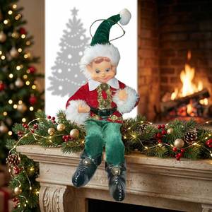 Adorable figurine d'elfe de Noël assis, rouge et <span class=keywords><strong>vert</strong></span> scintillant, parfait pour le sommet de l'arbre, les étagères ou la décoration de la maison pendant les fêtes - Product Image 2