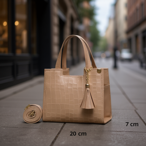 Sac à bandoulière pour femme Edna Makeup Fana 20 cm en cuir véritable motif crocodile avec pompon décoratif pour usage quotidien - Product Image 2