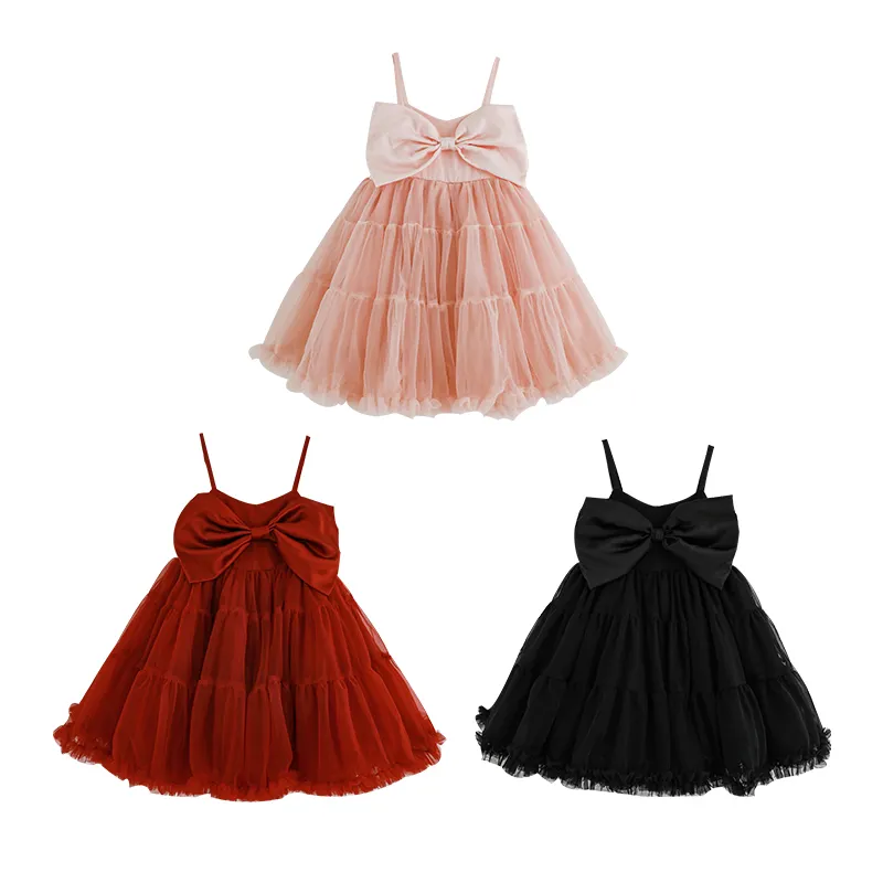 YOEHYAUL X4655 Elegant Lace Children Party Frock Red Black Pink Baby Tulle Dress With Bow Spaghetti Strap Tutu Dress For Girls