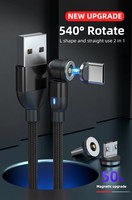 Kabel pengisi daya USB magnetik, kawat pengisi daya ponsel magnetik berputar 3 in 1 - 540 dengan lampu LED-0.5M 1M 2M 3M