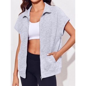 Sudadera sin mangas con cremallera para mujer, de gran tamaño, de color liso, con bolsillos, informal, transpirable, de punto - Product Image 3