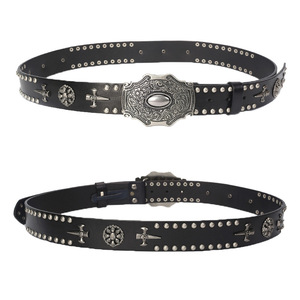 Alta Qualidade 3.8cm 1.5 "Largura Western Metal Name Plate Buckle Branco e Preto Pele Genuína Couro Metal cravejado Punk <span class=keywords><strong>Belt</strong></span> - Product Image 4
