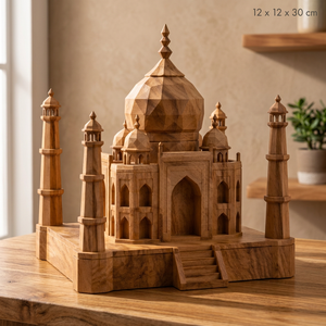 Sculpture artisanale en bois du Taj Mahal 12x12x30cm, design abstrait et géométrique - Décoration traditionnelle indienne pour la maison - Product Image 3
