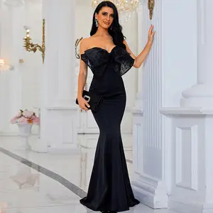 Kadınlar lüks çözgü büstü dantel ilmek İnce gömme uzun örgün düğün parti akşam yemeği elbisesi siyah elastik saten kokteyl akşam elbise
